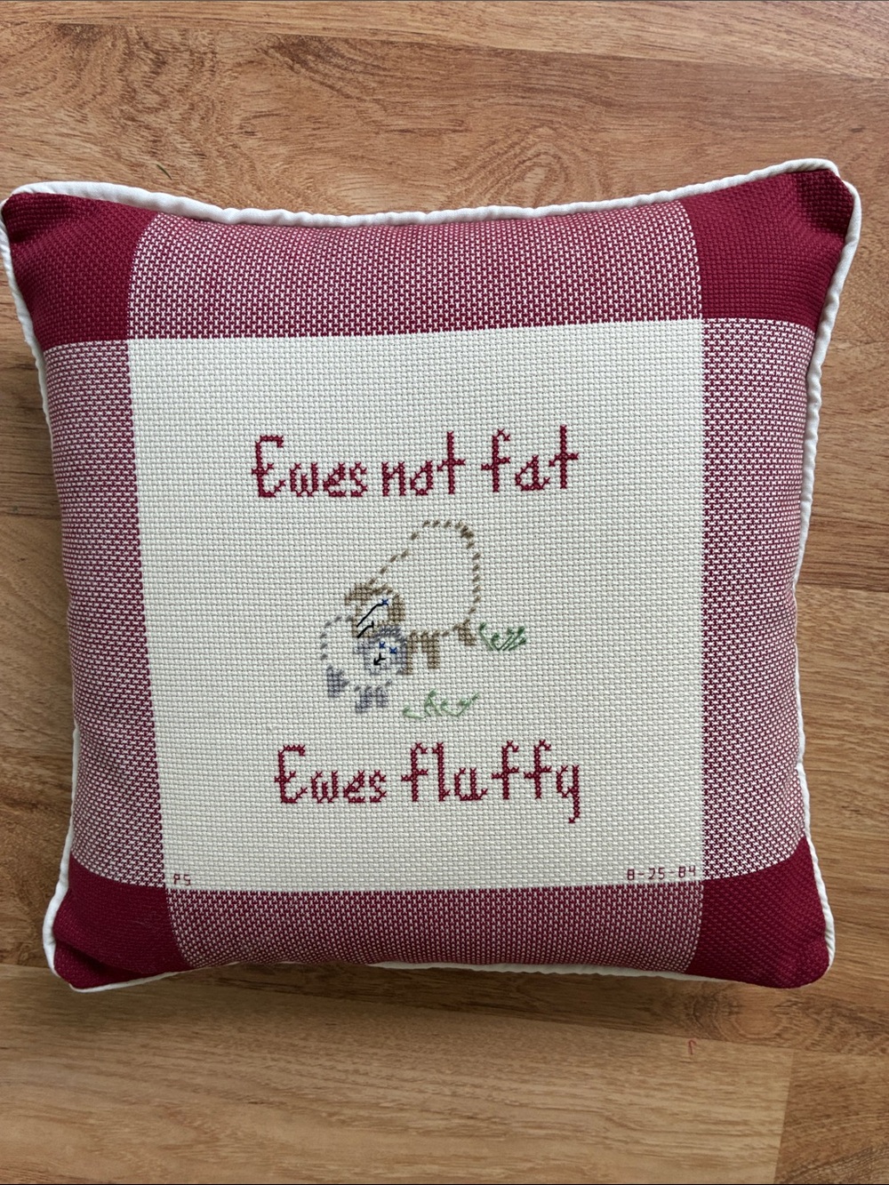 Handmade Cross Stitch ‘Ewes Not Fat, Ewes Fluffy' Decorative Pillow